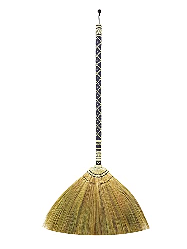 Natural Grass Thai Broom Indoor Outdoor, Vintage Retro Embroidered Woven Nylon,Handmade Broom,Housewarming Gift Witch Broom, Broomstick Bamboo Stick Handle,Kong Grass Broom,Durable Broom(Black)