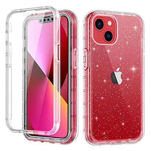 LONTECT for iPhone 13 Case [Built-in Screen Protector] Glitter Clear Sparkly Bling Rugged Shockproof Hybrid Full Body Protective Case Cover for Apple iPhone 13 Case 6.1 inch 2021,Clear Glitter
