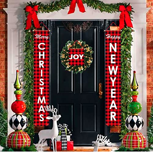 OXISI 3 Pieces Christmas Outdoor Christmas Banners Front Door Suspension Merry Christmas Red Black Buffalo Plaid Christmas Porch Decorations for Christmas Home Wall Indoor Outdoor Decoration