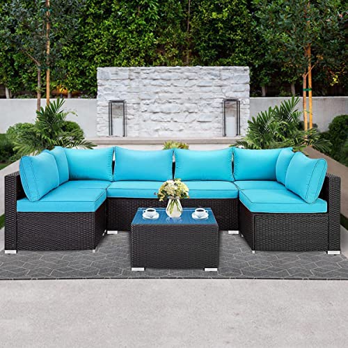 LAUSAINT HOME 7-Piece Outdoor Patio Furniture, PE Rattan Patio Furniture Set All Weather Sectional Conversation Sets with Cushions, Outside Sofa with Tempered Glass Table for Garden (Blue-7PCS)