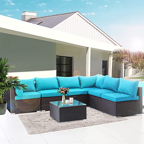 LAUSAINT HOME 7-Piece Outdoor Patio Furniture, PE Rattan Patio Furniture Set All Weather Sectional Conversation Sets with Cushions, Outside Sofa with Tempered Glass Table for Garden (Blue-7PCS) | The Storepaperoomates Retail Market - Fast Affordable Shopping