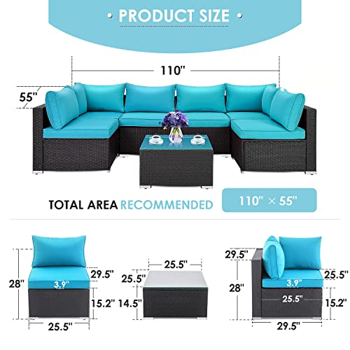 LAUSAINT HOME 7-Piece Outdoor Patio Furniture, PE Rattan Patio Furniture Set All Weather Sectional Conversation Sets with Cushions, Outside Sofa with Tempered Glass Table for Garden (Blue-7PCS) | The Storepaperoomates Retail Market - Fast Affordable Shopping