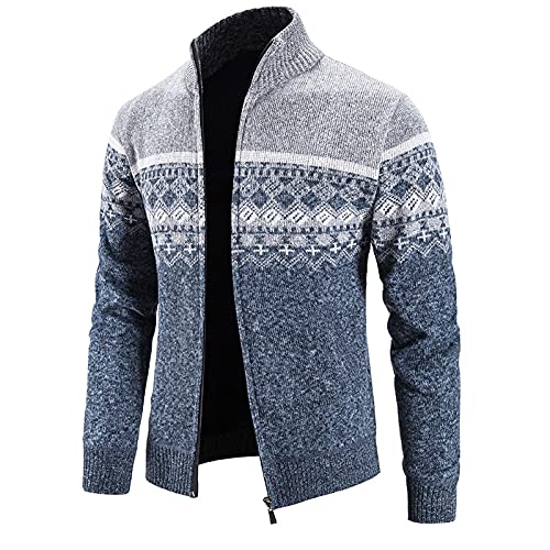XXBR Sweater Cardigan Jackets for Mens, Fall Winter Zipper Plaid Stand Collar Coat Patchwork Warm Slim Casual Jacket Front Placket Patch Pocket at Chest Adjustable Cuff Zip Up 158- Gray PDFME-210824