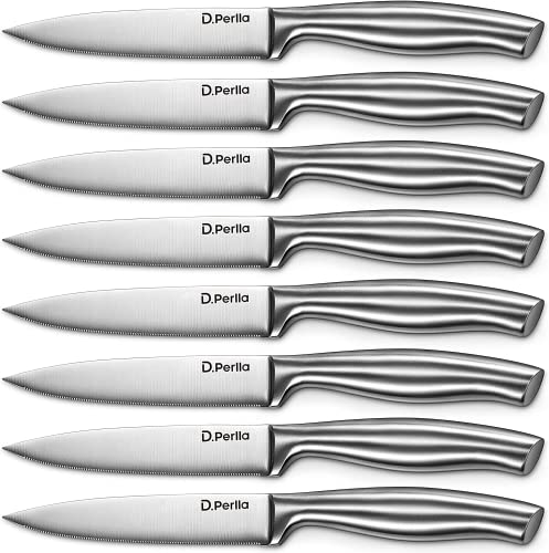D.Perlla Steak Knives, Micro Serrated Steak Knife Set of 8, High Carbon Stainless Steel Steak Knives Set, Elegant Sharp Kitchen Steak Knife Set, Silver
