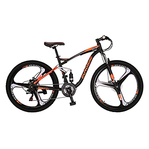 EUROBIKE XLX-E7 Mountain Bike 27.5 inch 3 Spoke Wheels 21 Speed Full Suspension Disc Brakes Adult MTB Bicycle for Men/Women (Orange mag Wheel)
