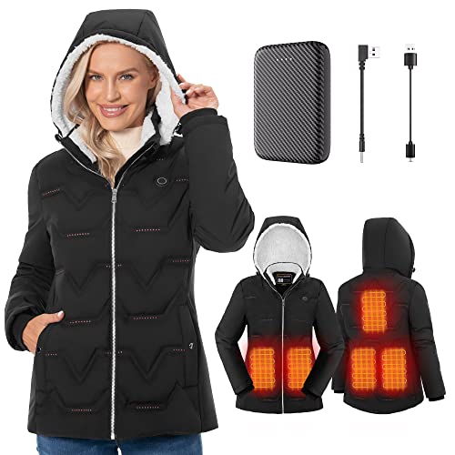Vofuoti Women’s Heated Jacket, Lightweight Heated Coat with Battery Pack and Detachable Hood