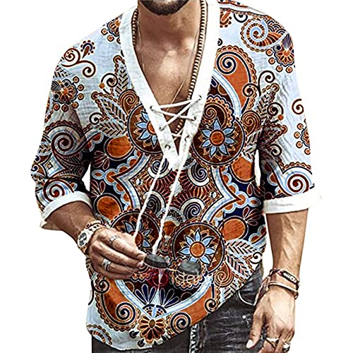 Burband Mens Paisley Boho Button Down Long Sleeve Hawaiian Tops Hippie African Dashiki Camp Fishing Cotton Linen Shirts Beige