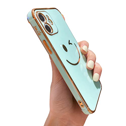 Facweek Compatible with iPhone 12 Case for Women, Cute Gold Plated Smiley Face Full Body Camera Protective Phone Case, Anti-Fall Drop Protection Slim Fit Silicone Rubber Cover Case 6.1 Inch, Green