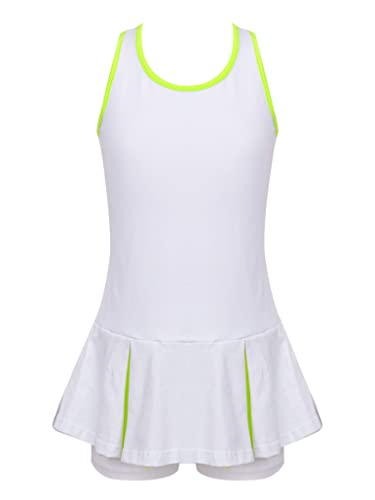 Loodgao Kids Girls Pleated Tennis Golf Dress Workout Outfits Solid Color Sleeveless Sports Dress with Shorts White 12 Years