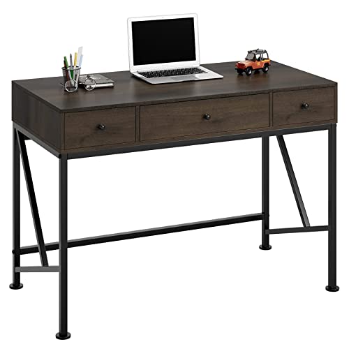 URKNO Computer Desk with 3 Drawers, 42″ Wood Writing Desk for Home Office, Modern Simple Style Laptop Study Table, Makeup Vanity Console Table, Metal Frame, Easy Assembly, Dark Brown