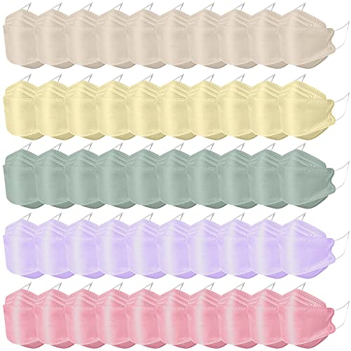 Solid Color KF94 Disposable Face Mask with Design for Women Men Adults, 4Ply Máscara Fish Type Full Face Protection Nose Clip (H (Mixed Colors), 50 PCS)