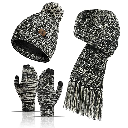 Winter Warm Beanie Hat Scarf and Touchscreen Gloves Set for Womens Skull Caps Neck Scarves with Fleece Lined for Men