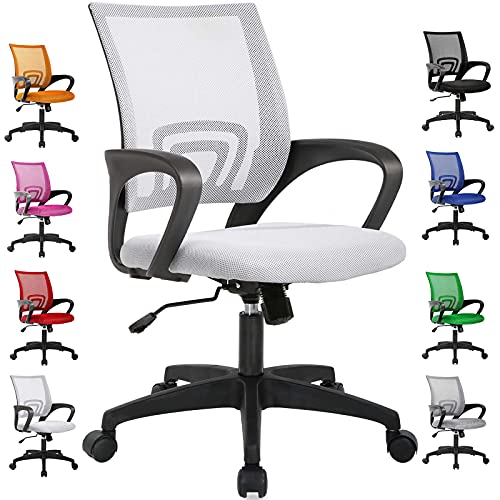 Hkeli Mesh Office Chair Computer Ergonomic Cheap Chair Desk Chair Adjustable Height Mid Back Office Chair with Back Support Armrest Rolling Swivel Task Chair,White