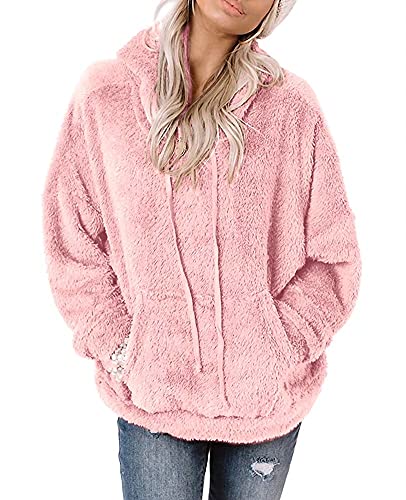 Ezbelle Women’s Fuzzy Sherpa Hoodies Sweatshirt Long Sleeve Shirts Fleece Pullover Tops Outwear with Pockets Coral Pink Large