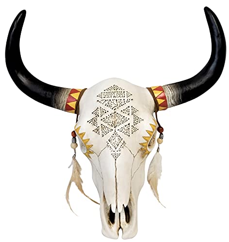 BestGiftEver Rustic Tribal Bull Steer Cow Bison Skull Wall Hanging Decoration with Feathers
