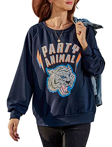 Chriselda Women Oversized Crewneck Fall Sweatshirt Tiger Graphic Raglan Long Sleeve Tops Party Animal Navy Blue Large