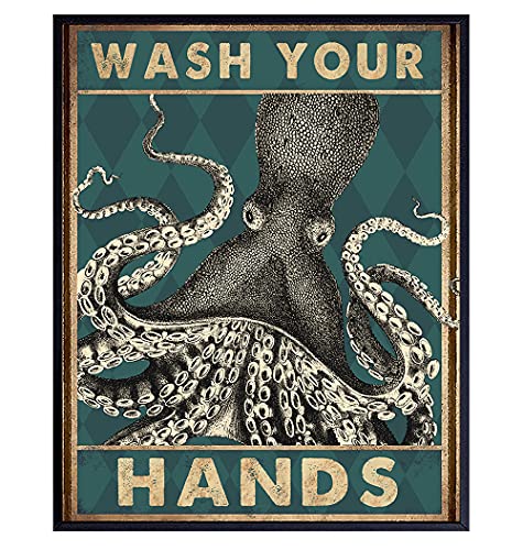 Octopus Nautical Bathroom Wall Art & Decor – Funny Beach Bathroom Decor – Bath Wall Decor – Cute Unique Bathroom Pictures Decorations Poster – Wash Your Hands Sign – Guest Bathroom – Powder Room