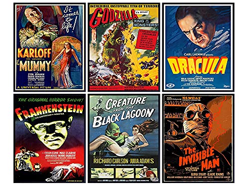 Godzilla, Dracula, The invisible Man, The Mummy, Frankenstein Wall Art & Decor – Vintage Horror Monster Movie Posters – Home Theater Set – Classic Scary Movie – Man Cave, Boys Bedroom, Teens Room