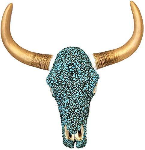 BestGiftEver Turquoise Faux Stone Bull Steer Cow Bison Skull With Gold Tone Painted Horn Wall Hanging Decoration
