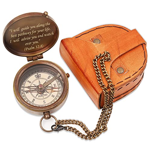 PORTHO Psalm 32:8 Engraved Compass with Authentic Leather Pouch, Religious Gifts – Christian Gifts,, Baptism Gift, Graduation Gift, Inspirational Gifts for for Men, Boys and Children