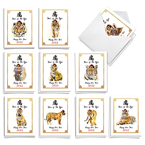 The Best Card Company – 20 Lunar New Year 2022 Box Set 4 x 5.12 Inch w/ Envelopes (not Gold Foil) Chinese Animals for Men, Women Variety Pack (10 Designs, 2 Each) Year of The Tiger AM8989CNG-B2x10-22