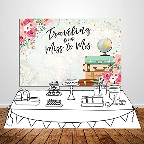 Traveling from Miss to Mrs Bridal Shower Backdrop Flowers Globe Suitcase Gold Traveling Background (150x100cm(5x3ft))