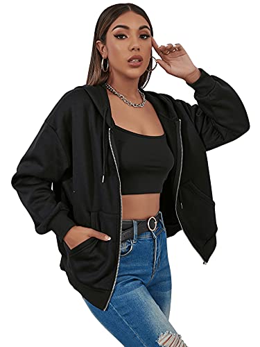 Floerns Women’s Casual Long Sleeve Zip Up Drawstring Sweatshirt Hoodie Jacket with Pockets Black Plain M