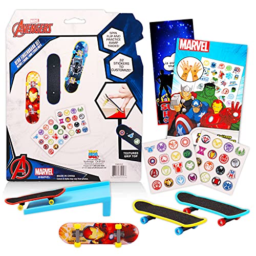 Marvel Avengers Fingerboard Toy Set ~ 3 Pc Bundle with Marvel Avengers Finger Skateboard for Kids, Temporary Tattoos, and Door Hanger (Superhero Party Favors)