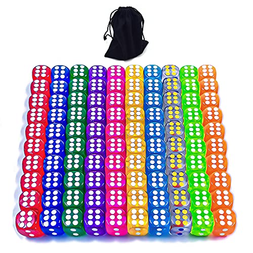 100 Pieces 12MM Small 6 Sided Dice Set Translucent Colors Dice, with Black Pouch for Board Game
