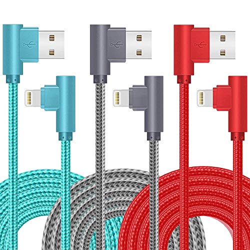 Jeercor Lightning Cable 10FT MFi Certified iPhone Charger 90 Degree Nylon Braided Fast Charging Long for iPhone 12/12pro/11/11pro/XS/MAX/XR/X/8P/8/7P/7/6（3-Pack）