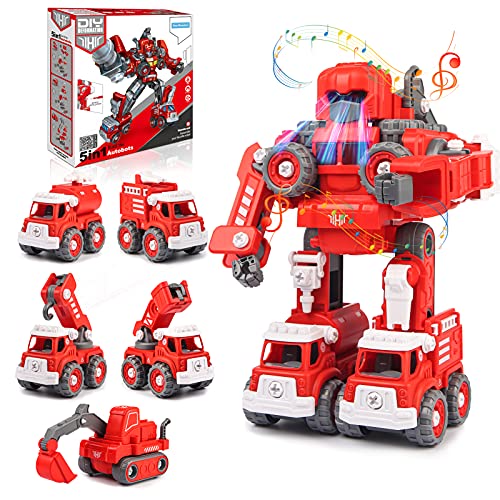 Fire Truck Toy for Boys Age 4-7, 5-in-1 Firetruck Combine Transform Robot Toys, STEM Building Take Apart Toys Set for Kids, Gifts for 4 5 6 7 8 9+ Year Old