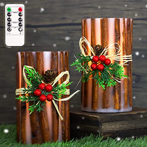 Silverstro Battery Operated Candles, Embedded Real Cinnamon Bark Flameless Candles with Remote, Real Wax LED Candles for Home Party Christmas Spring Room Decor, Set of 2, 3.23″ X 6″