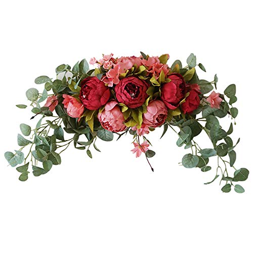 WUHNGD Artificial Flower Swag Wedding Arch Flowers 30 Inch Rose Peony Swag Arch Wreath Centerpiece for Lintel, Green Leaves Door Wreath Garden Home Wall Decoration, Pink Peonies