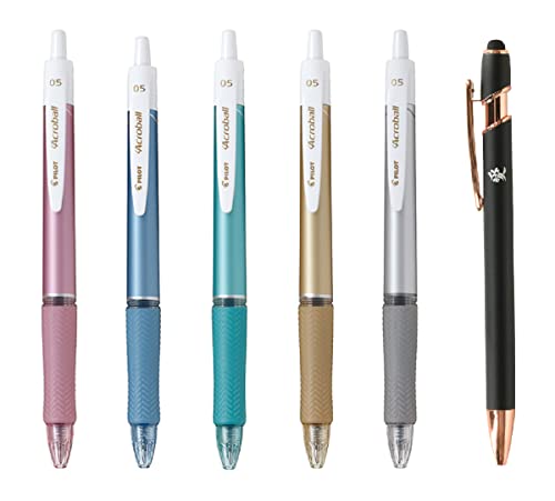 Pilot Japan Pilot Acroball T Series Retractable Ballpoint Pen 0.5mm Black Ink 5 Body Colors Set BAB-15EFT With Kanji LOVE Sticker, 0.44 x 5.61 2.22 in