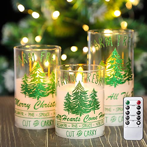 Immeiscent Christmas Decoration Flamess Candles,Christmas Tree Decal Glass Flickering Candles,Realistic Pillar Candle with Remote&Timer for Christmas Decor,Festival Celebraton,Party (Green Xmas Tree)