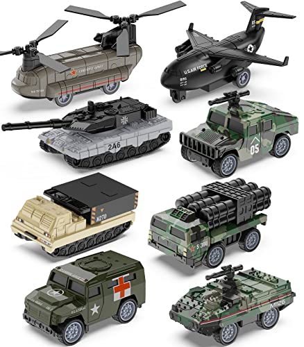 Geyiie Army Truck Toys Cars, Die-cast Small Military Truck Fighting Vehicles Mini Battle Cars Set, Army Helicopter Tank Armored Gift for Kids Boys Girls Age 3-8 Easter Basket Stuffers