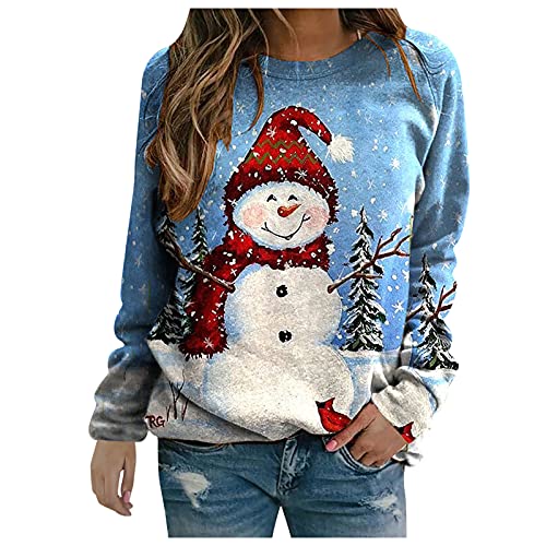 Miximx Womens Christmas Tops Cute Printed Tshirts Long Sleeve Pullover Casual Crewneck Sweatshirt Loose Comfy Tops Light Blue