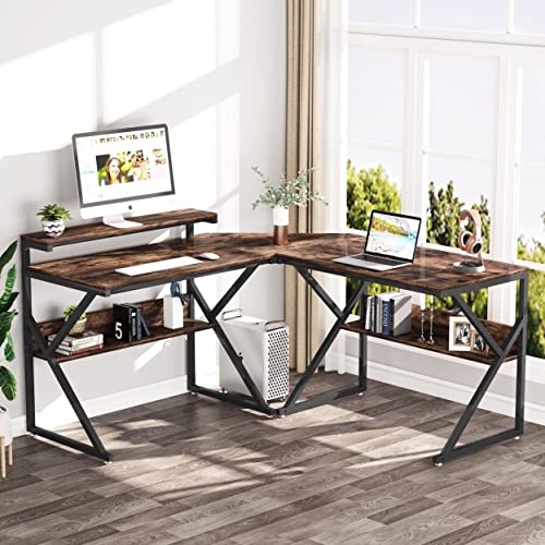 Tribesigns L Shaped Desk with Storage Shelves, 63 inch Industrial Corner Computer Desk with Monitor Stand, Study Writing Table Workstation for Home Office, Rustic Brown