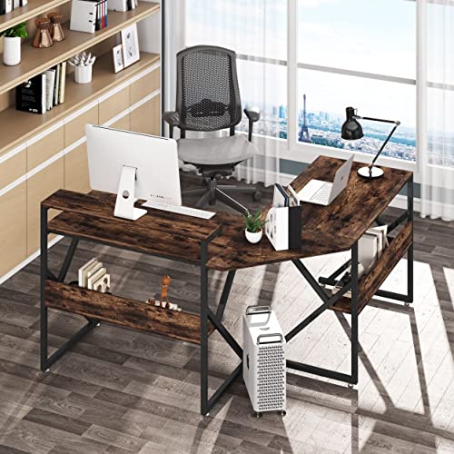 Tribesigns L Shaped Desk with Storage Shelves, 63 inch Industrial Corner Computer Desk with Monitor Stand, Study Writing Table Workstation for Home Office, Rustic Brown | The Storepaperoomates Retail Market - Fast Affordable Shopping