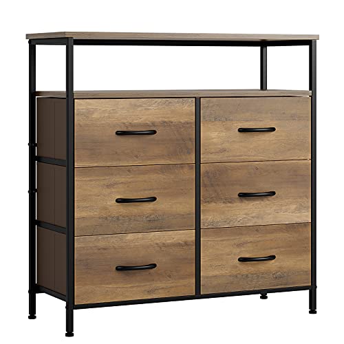 URKNO 6 Drawer Dresser, Fabric Chest of Drawers with 2 Tier Wood Shelves, Industrial Storage Dresser Tall Nightstand for Closets, Living Room, Bedroom, Hallway, Rustic Brown