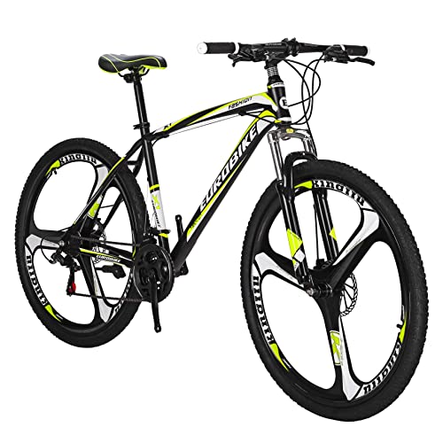 EUROBIKE Mountain Bike Mens and Womens, 21 Speed Shimano Drivetrain, 17 Inch Frame 27.5 Inch Wheels, Front Suspension Dual Brakes, Adult Hardtail Bike X1 (Yellow)