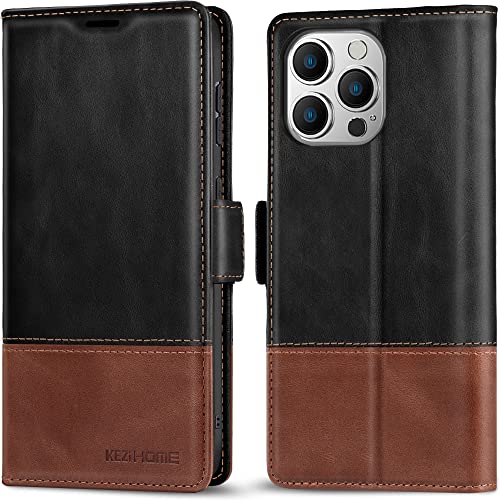 KEZiHOME Wallet Case for iPhone 13 Pro Max, [RFID Blocking] Genuine Leather Kickstand Card Slots Case Magnetic Closure Shockproof Flip Cover Compatible with iPhone 13 Pro Max 5G 6.7″ (Black/Brown)