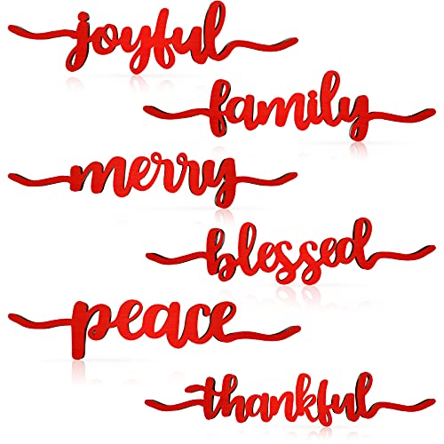 12 Pieces Christmas Thankful Blessed Merry Joyful Peace Family Wood Cutout Rustic Thankful Plate Letter Sign Decor Inspirational Letter Wood Sign for Home Table Plates Table Decorations (Red)