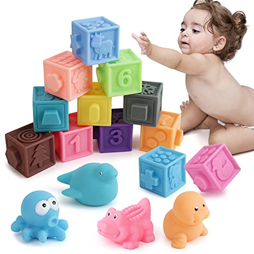 Yutin Soft Blocks for Babies, 16PCS Baby Stacking Building Block for Boys Girls, Squeezing Toy for Infants Toddlers 6 to 12 Months and Up