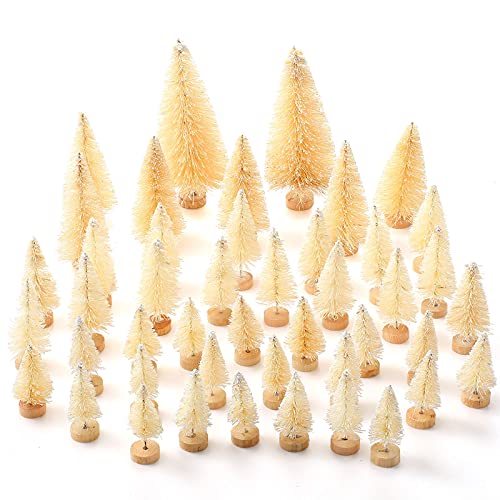 48 Pieces Mini Sisal Snow Frost Christmas Tree Bottle Brush Trees with Wooden Bases Winter Snow Table Top Decor Artificial Multi-Sizes Miniature Pine Tree for Xmas Winter Home Decor (Beige)