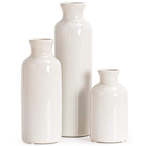 TIMEYARD White Ceramic Vases Set of 3, Modern Farmhouse Vases for Flowers, Rustic Home Decor, Decorative Vintage Vase Set for Table, Cabinet, Hallway, Living Room, Entryway