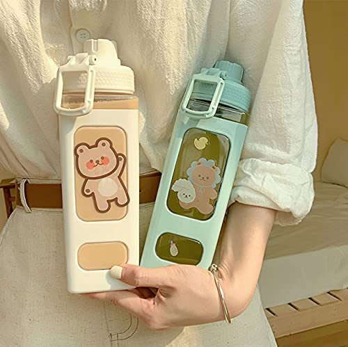 JQWSVE Kawaii Water Bottle with Straw and Sticker, Kawaii Bear Water Bottle, Large Sport Plastic Portable Square Drinking Bottle for Girl, Cute Juice Tea Water Cups