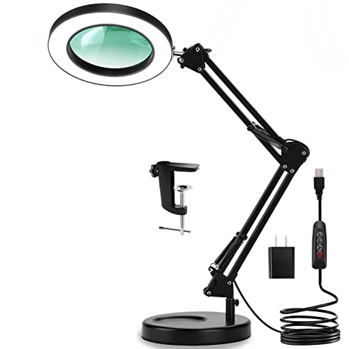10X Veemagni 2-in-1 Magnifying Glass with Light and Stand, 3 Color Modes Stepless Dimmable, Real Glass Desk Lamp & Clamp, LED Lighted Magnifier with Light for Reading Crafts Repair Close Works