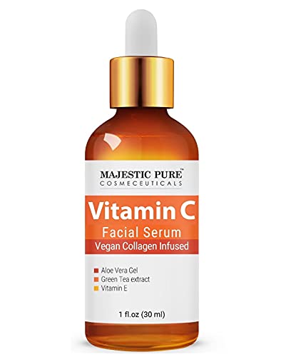 MAJESTIC PURE Vitamin C Serum for Face, Anti Aging Serum with Vegan Collagen, Vitamin E, Aloe Vera Gel & Green Tea Extract – Hydrating Facial Serum for Dark Spots, Fine Lines and Wrinkles, 1 fl oz