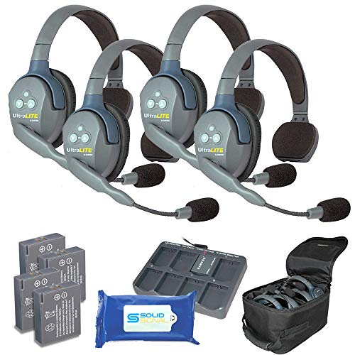 Eartec UL4S Ultralite Full Duplex Wireless Headset Communication for 4 Users – 4 Single Ear Headsets with Solid Signal Cleaning Wipes Bundle